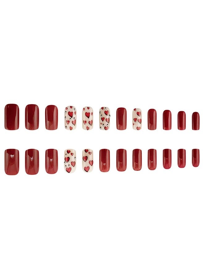 GRITOSE 24Pcs Valentine’s Day Glitter Press on Nails Square Medium Fake Nails with Glue Red Full Cover Nails Press ons Valentines Heart False Nails with Rhinestone Design Artificial Stick on Nail for Women - Image 5